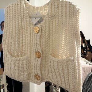 Womens Crochet Chunky Knit Top Sleeveless Button Down Crop Tops